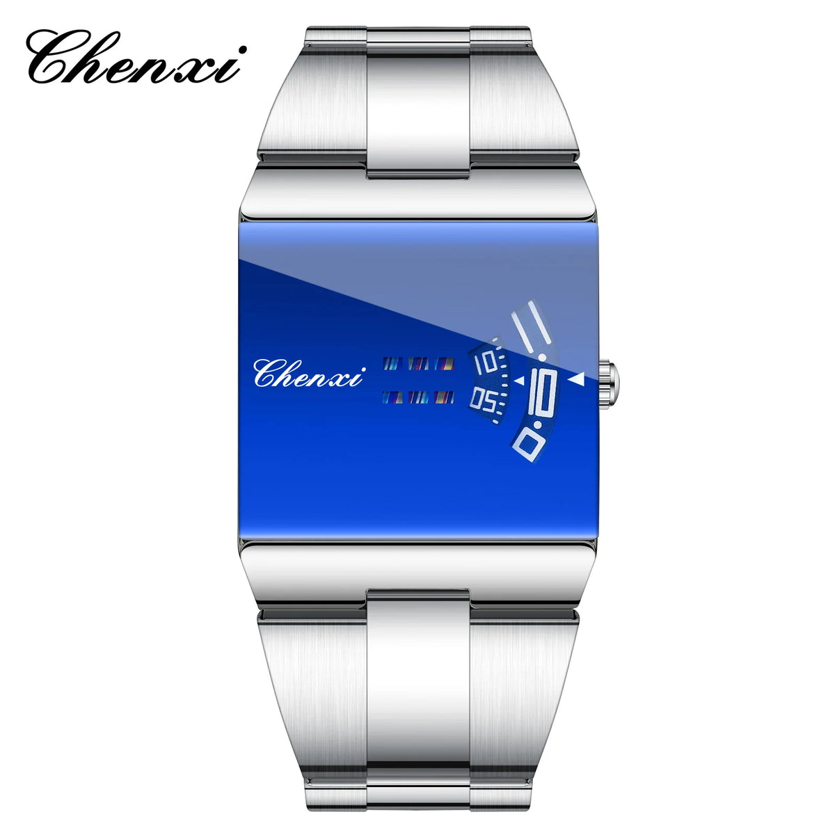 Rectangular orange ChenXi men's quartz sports wristwatch with a modern design and black strap, showcasing its dial and style.