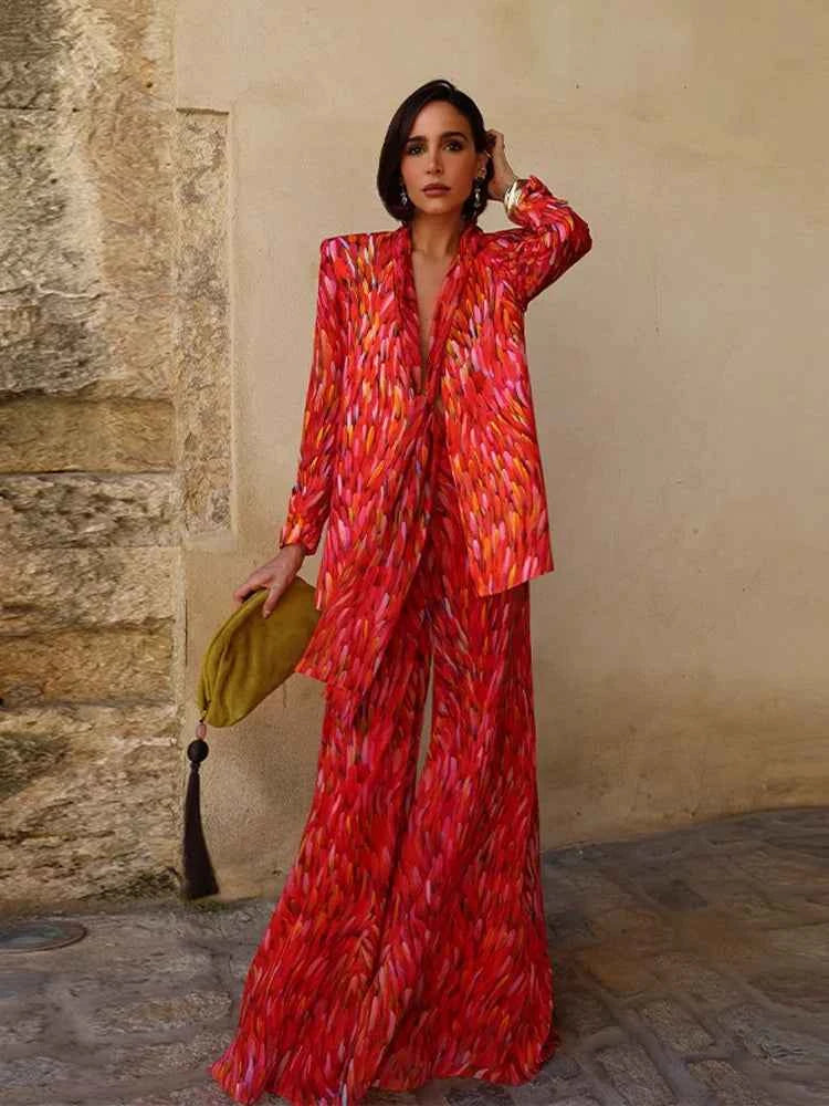 Chin.Sweety floral spring women's blazer and wide-leg pants set, stylish two-piece outfit for women.