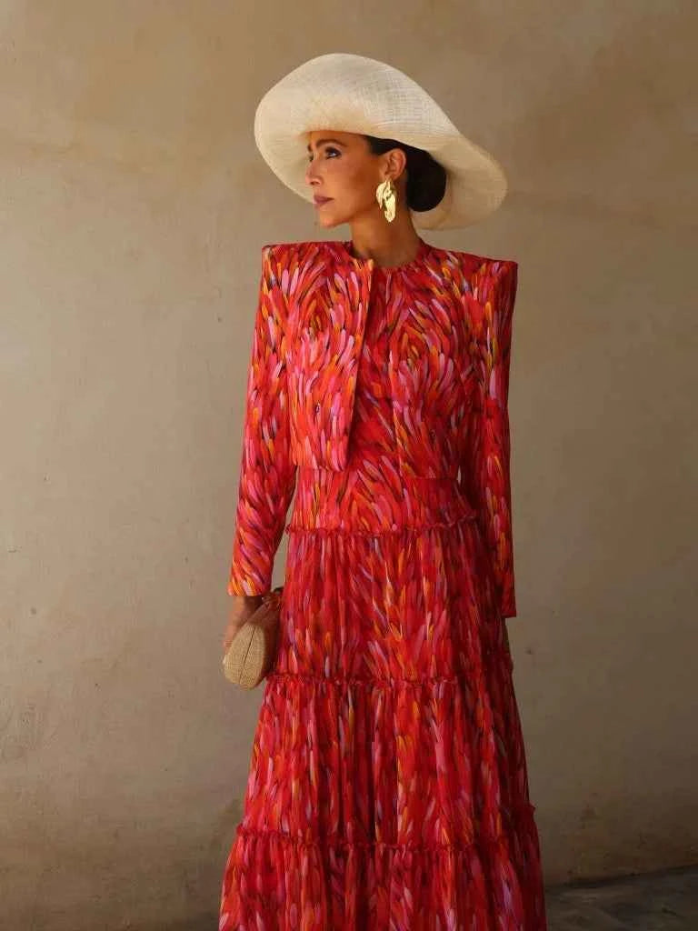Chin.Sweety floral spring women's blazer and wide-leg pant set, stylish two-piece outfit with a colorful floral pattern.