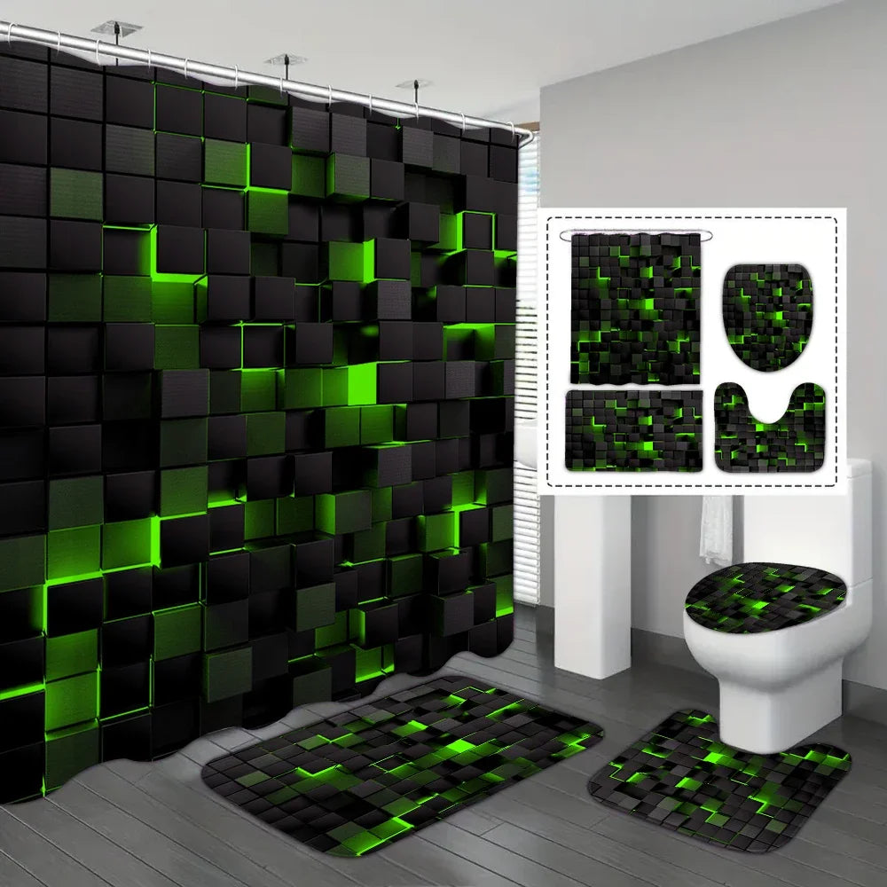 Cmyk 4-piece waterproof shower curtain set with blue and black plaid design, suitable for bathroom decor.