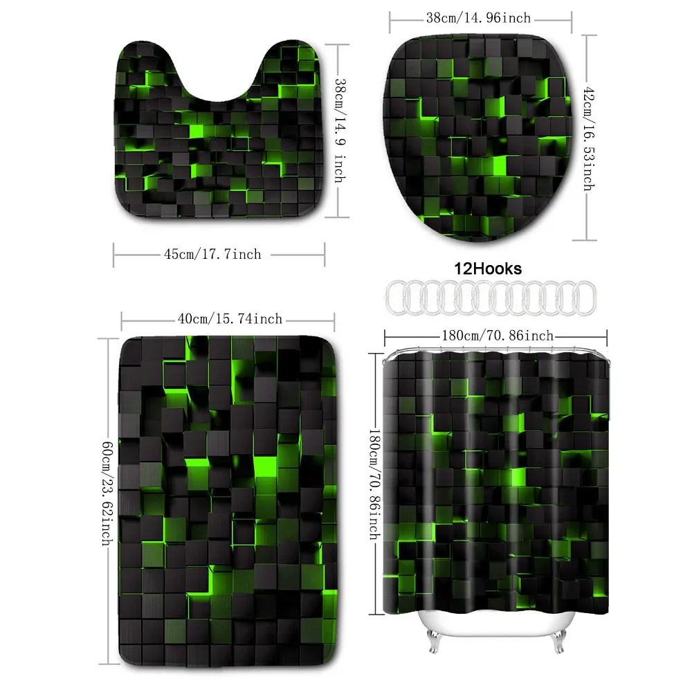 CMYK waterproof shower curtain set with four blue and black plaid fabric panels, suitable for bathroom decor.