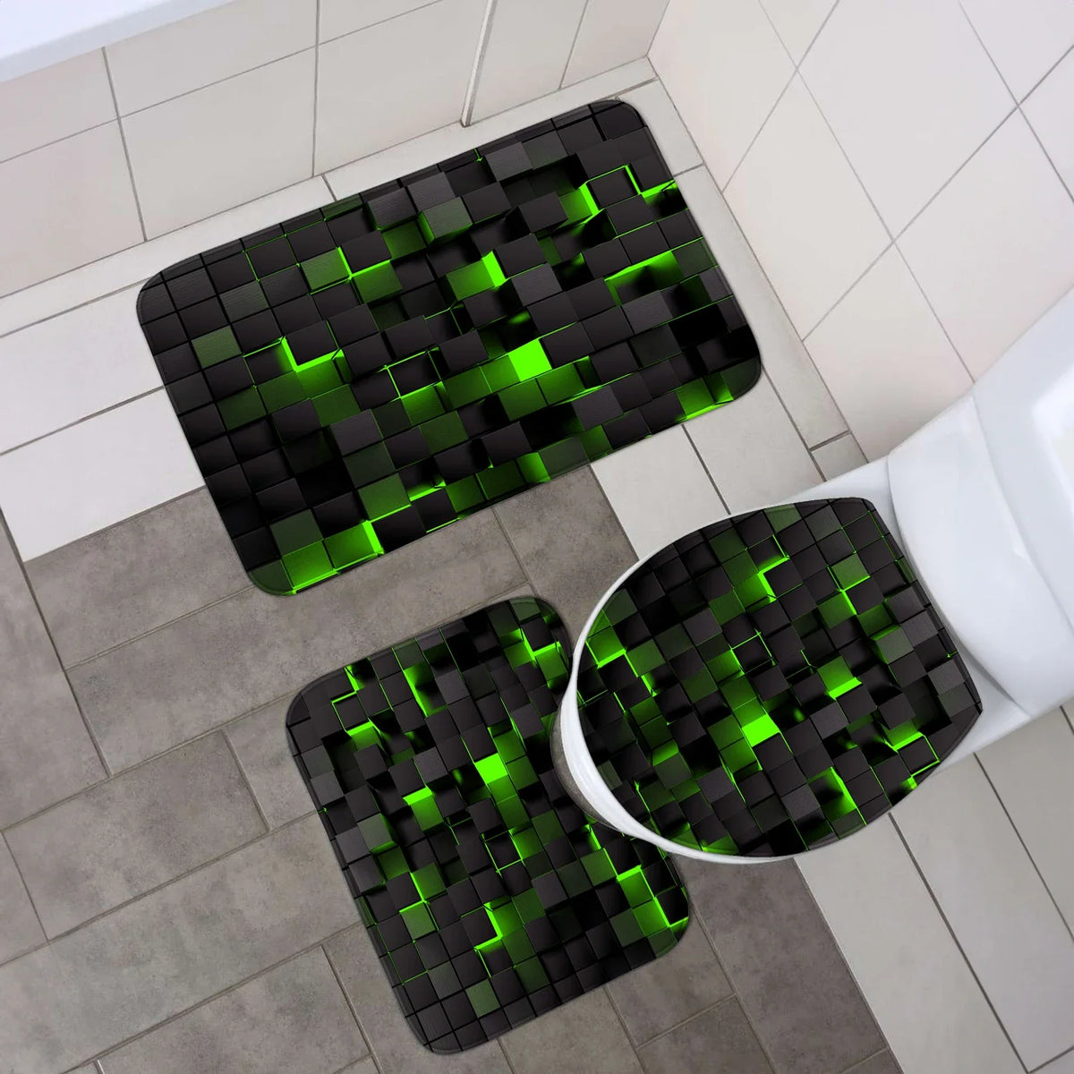Cmyk waterproof shower curtain set with four blue and black plaid fabric panels, suitable for bathroom decor.