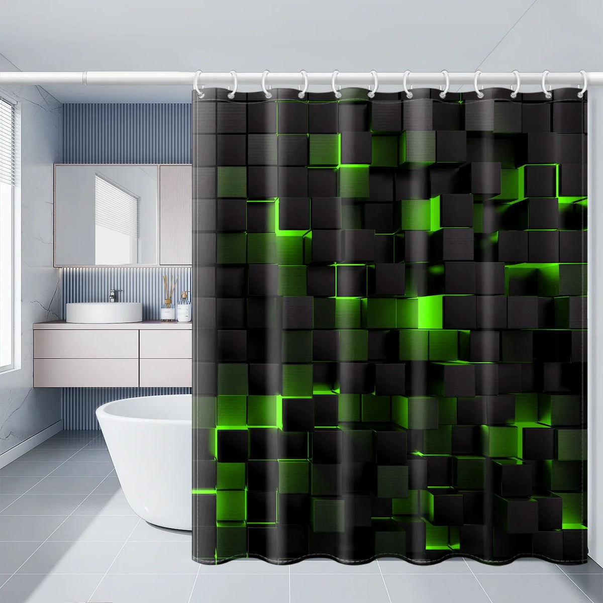 CMYK waterproof shower curtain set with four blue and black square-patterned curtains for home bathroom use.