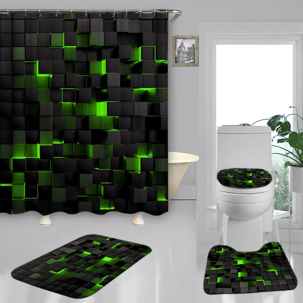 CMYK waterproof shower curtain set with four blue and black plaid fabric panels, ideal for bathroom decor and privacy.