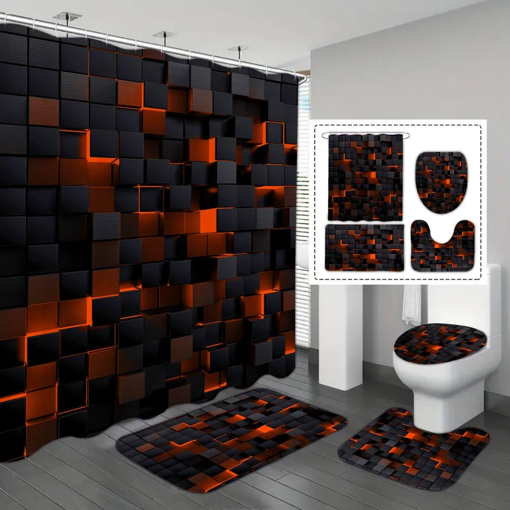 CMYK waterproof shower curtain set with four blue and black checkered fabric panels, suitable for modern bathroom decor.