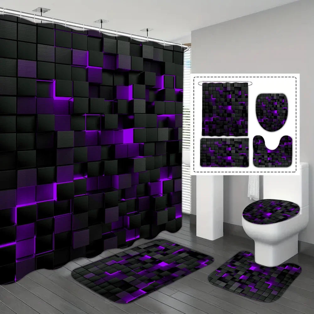CMYK waterproof shower curtain set with four blue and black plaid panels, ideal for bathroom decor and privacy.