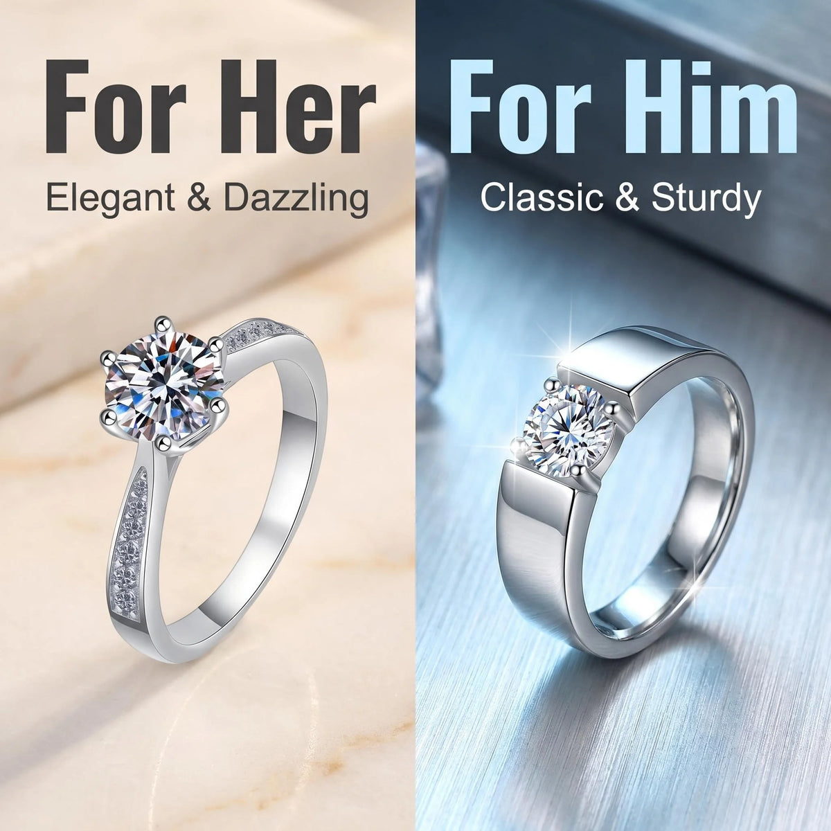 Silver moissanite couple ring by BJXMOSO featuring a 0.5ct, 5mm gemstone, crafted in 92% sterling silver, elegant and stylish.