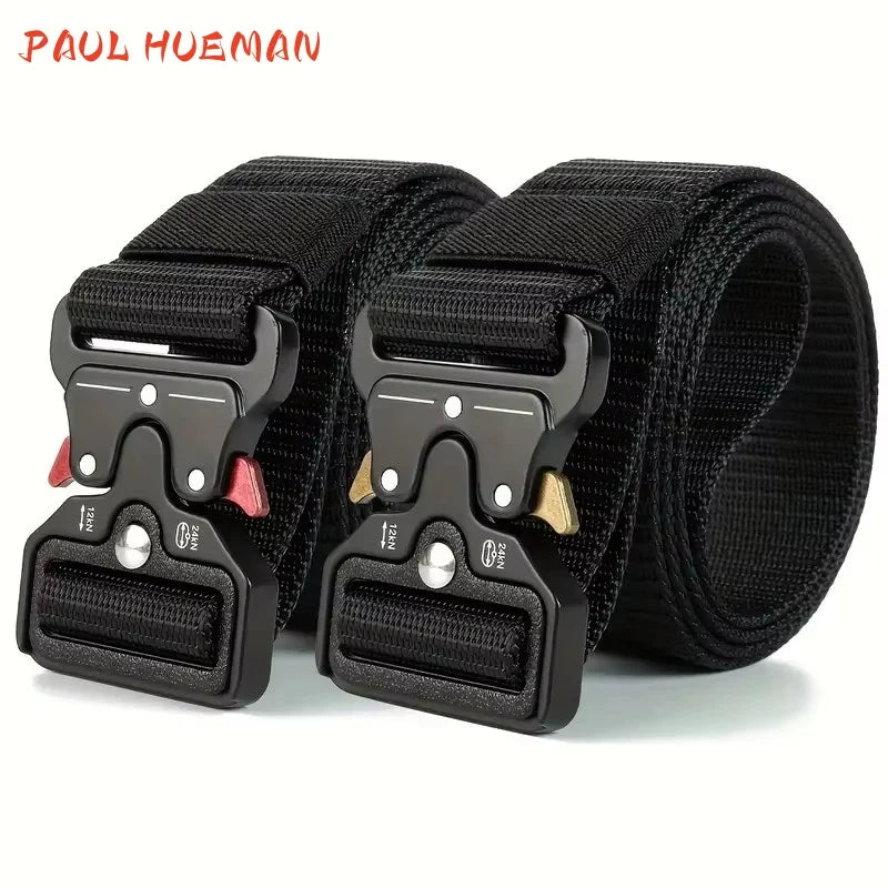 Black tactical belt by Paul Hueman with sturdy buckle, adjustable unisex design, ideal for outdoor and tactical use.