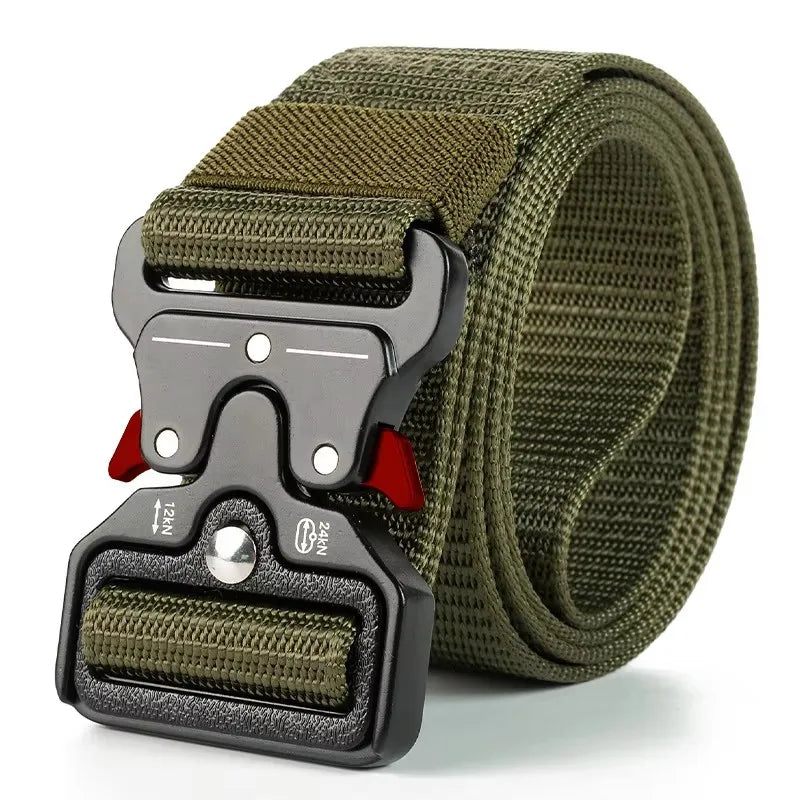 Black tactical belt by Paul Hueman, unisex accessory, adjustable 120cm, durable nylon strap with metal buckle for outdoor and tactical use.