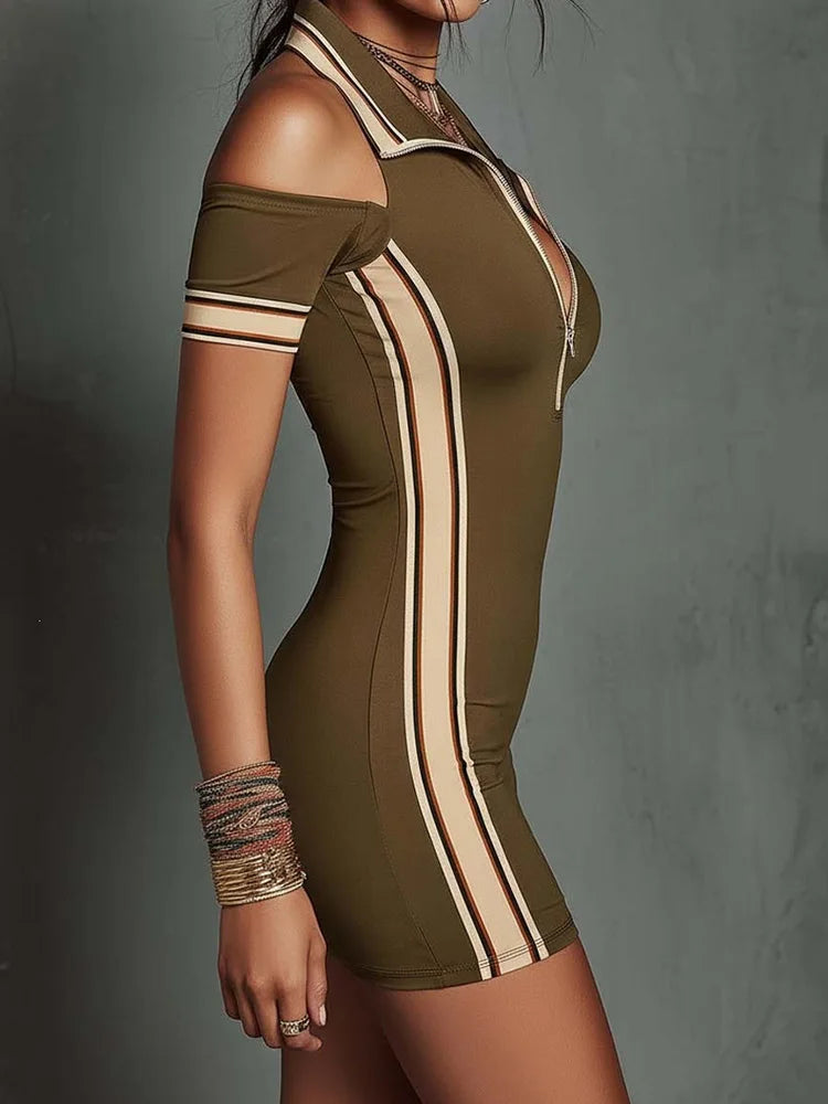 Green short-sleeve striped patchwork tube dress by Corporación Turística, featuring a fitted silhouette and casual style.