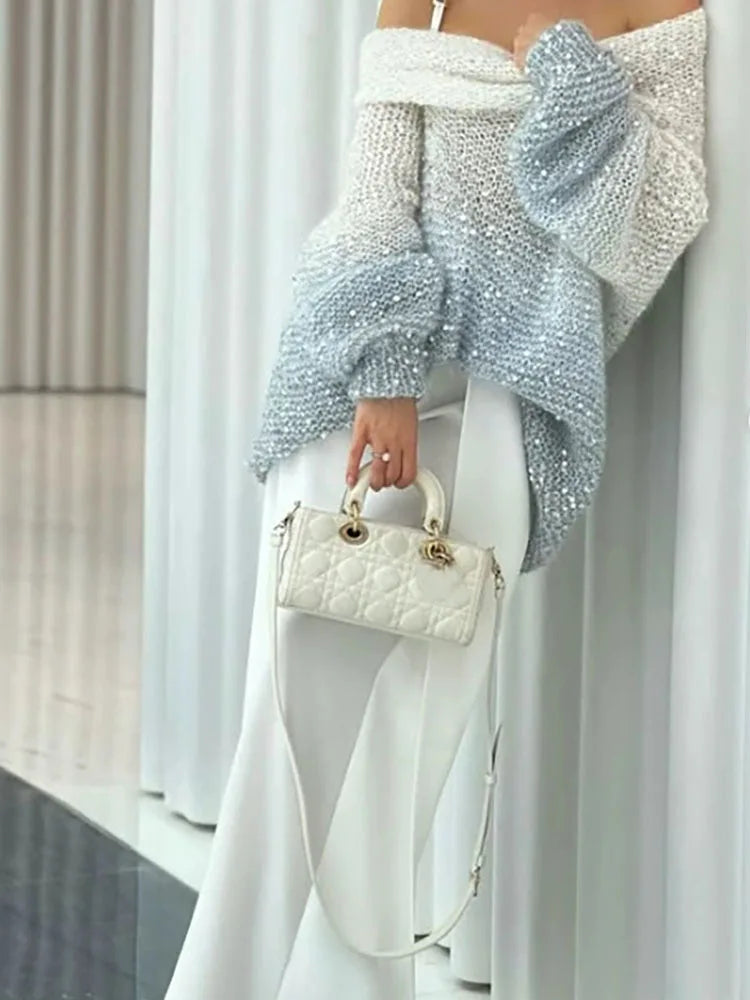 Long-sleeve sequined sweater for women by Corporación Turística, featuring a gradient design in white, XXL size.