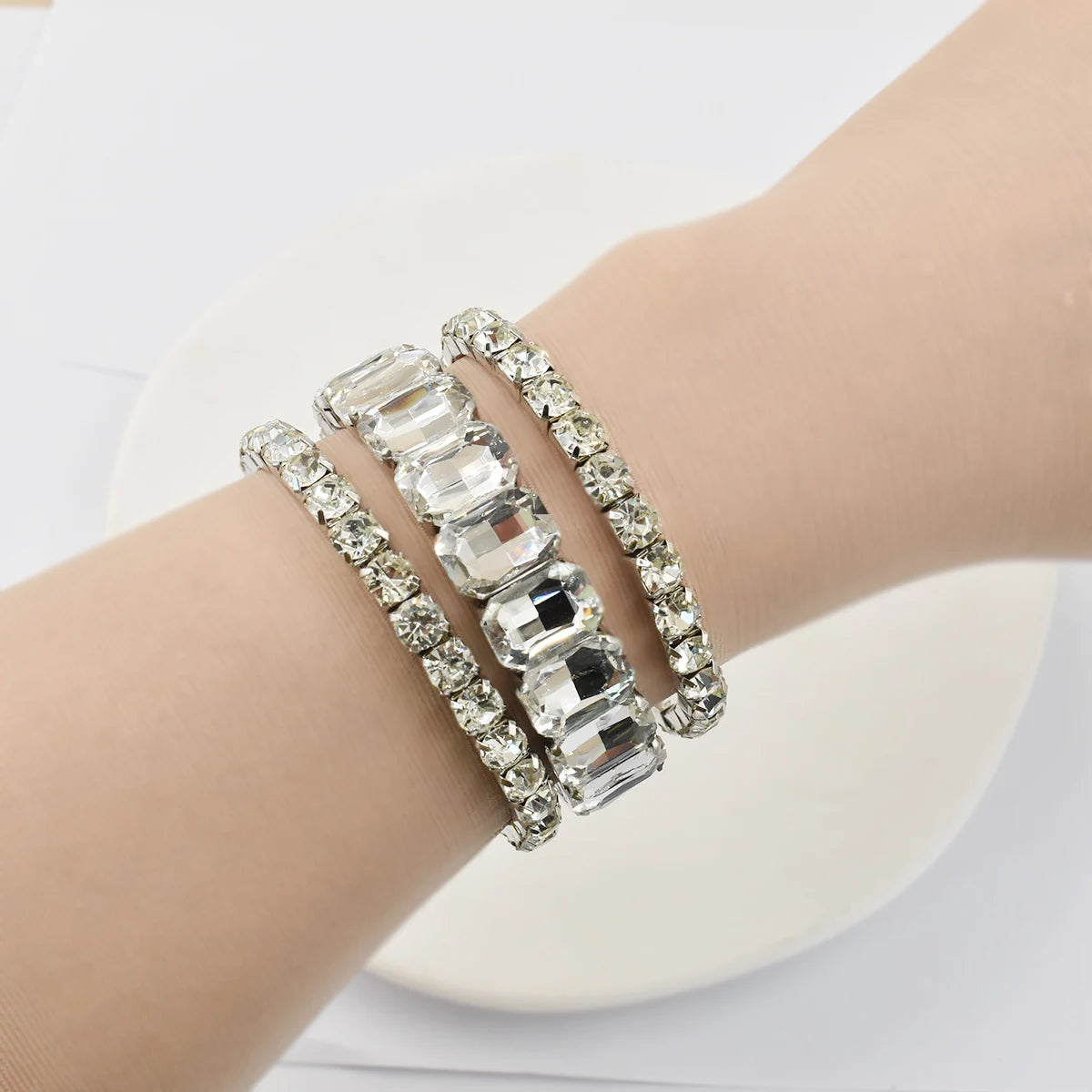 Set of three new crystal bracelets for women featuring geometric design, crafted by Corporación Turística.