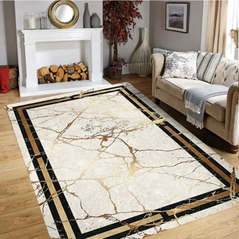 Abstract gold marble pattern rug by Corporación Turística, rectangular with a luxurious marble design.