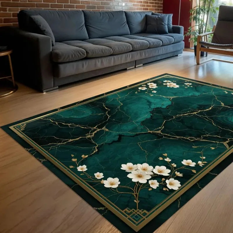 Marble-patterned gold abstract rug from Corporación Turística, showing a luxurious, modern design on a soft fabric surface.