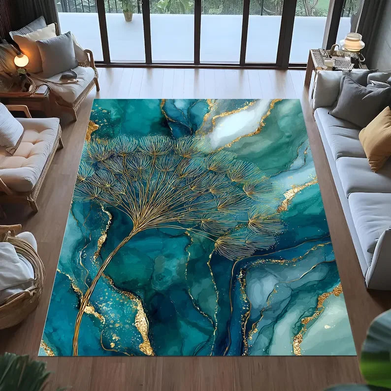Abstract gold marble pattern rug by Corporación Turística, showcasing a luxurious design with a modern marble motif.
