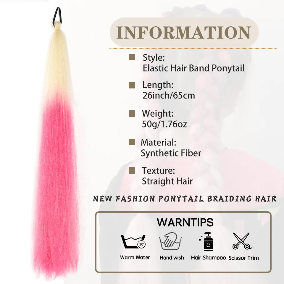 Synthetic LUPU ponytail extension with elastic band, 26 inches long, featuring natural black color and textured synthetic hair.