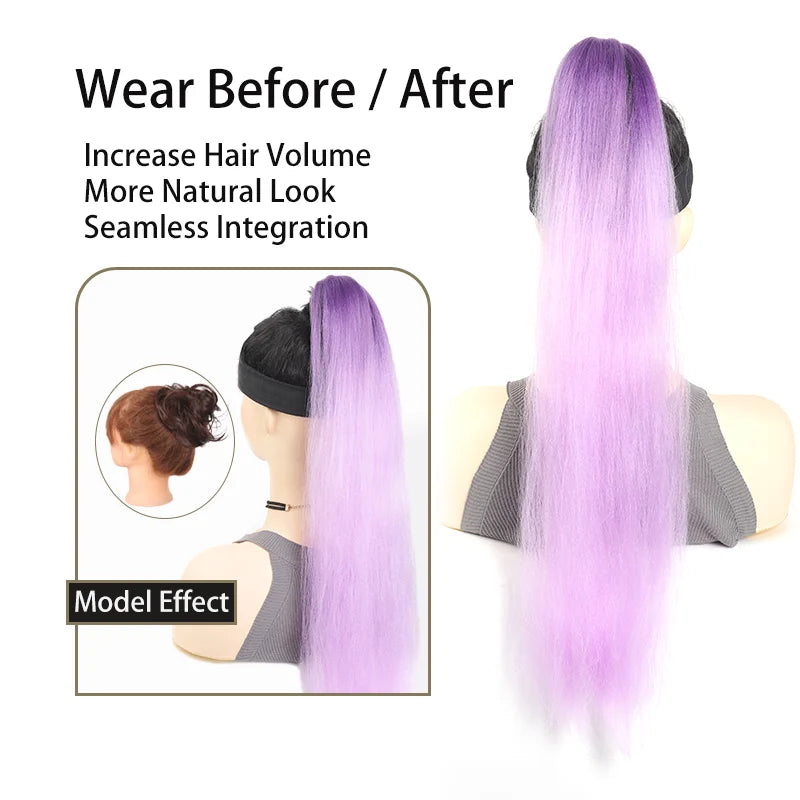 Synthetic LUPU ponytail extension with elastic band, 26 inches long, featuring natural black hair for easy styling and volume.