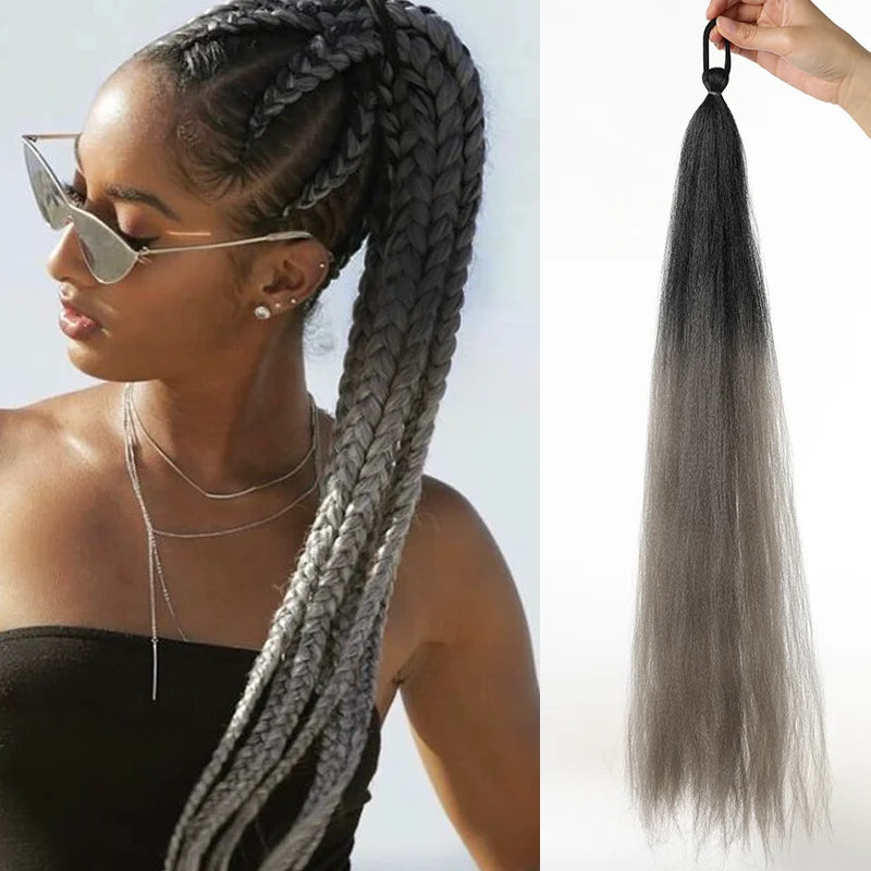 Synthetic LUPU ponytail extension with elastic band, 26 inches long, designed for easy hair styling and added length.