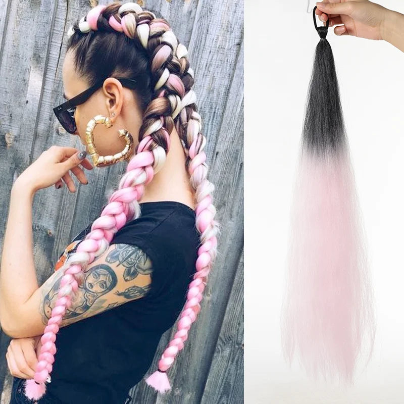 Synthetic LUPU ponytail extension with elastic band, featuring long, sleek hair for easy attachment and natural look.