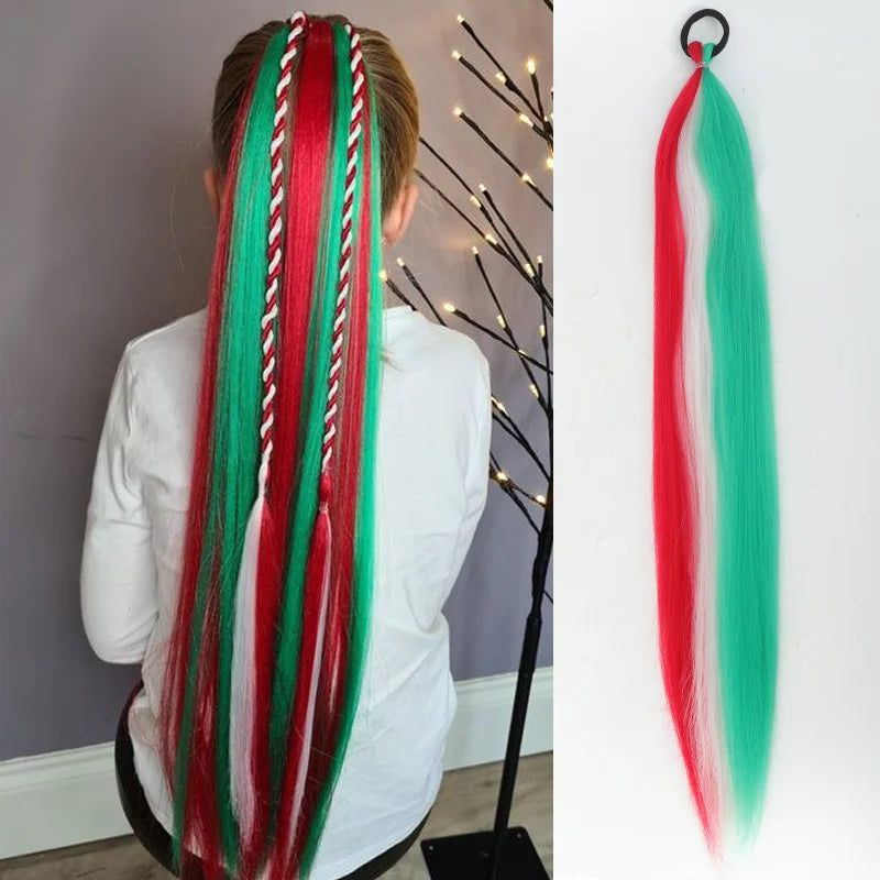Synthetic LUPU ponytail extension with elastic band, 26 inches long, featuring natural black color and realistic hair texture.