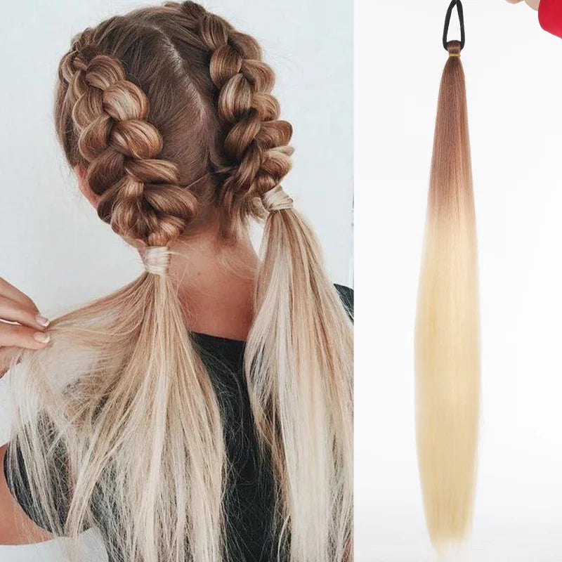 Synthetic LUPU ponytail extension with elastic band, 26 inches long, for easy and stylish hair enhancement.