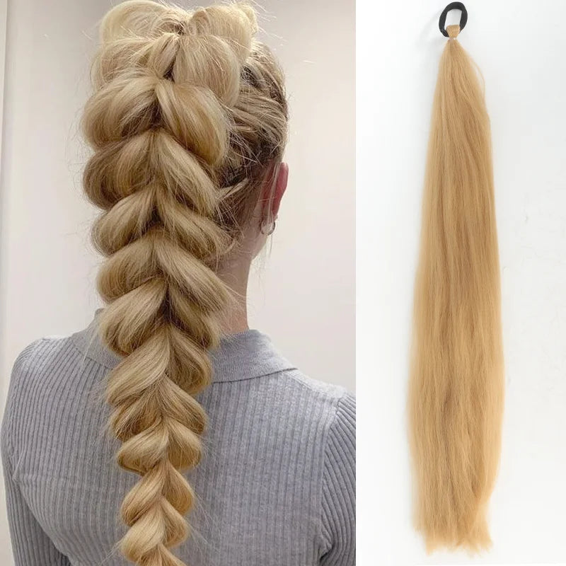 Synthetic LUPU ponytail extension with elastic band, 26 inches long, designed for easy hair styling and added length.