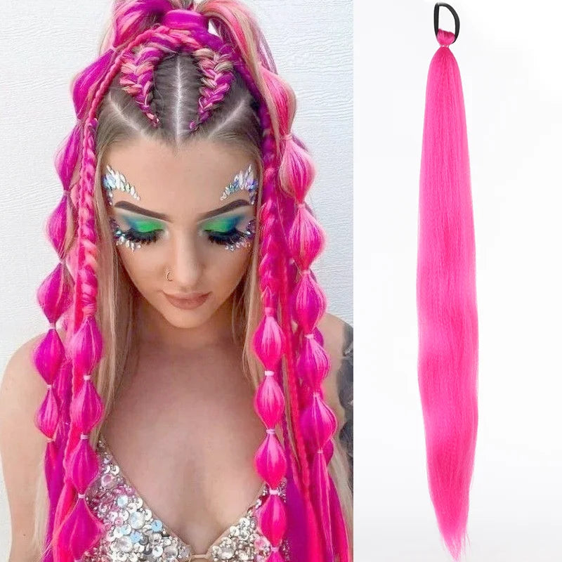 Synthetic LUPU ponytail extension with elastic band, 26 inches long, designed for easy attachment and natural hair look.