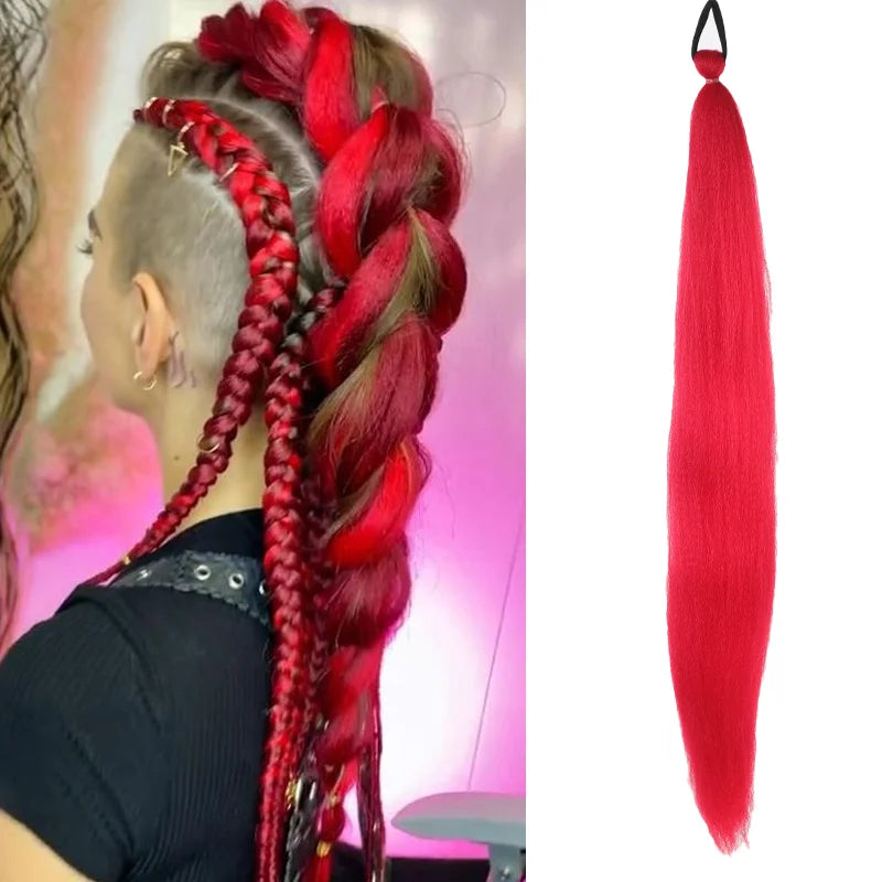 Synthetic LUPU ponytail extension with elastic band, 26 inches long, featuring natural black hair for easy hair lengthening.