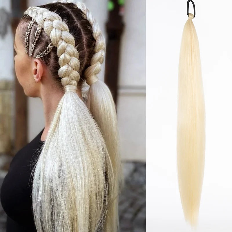 Synthetic LUPU ponytail extension with elastic band, 26 inches, from Corporación Turística, shown attached to hair for a natural look.