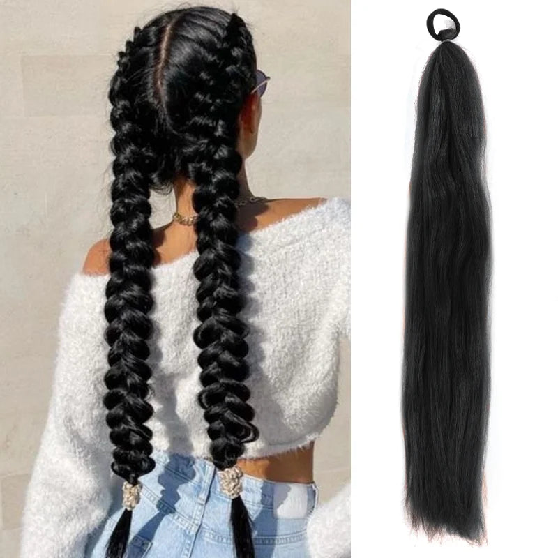 Synthetic LUPU ponytail extension with elastic band, 26 inches long, featuring durable synthetic hair for natural style.