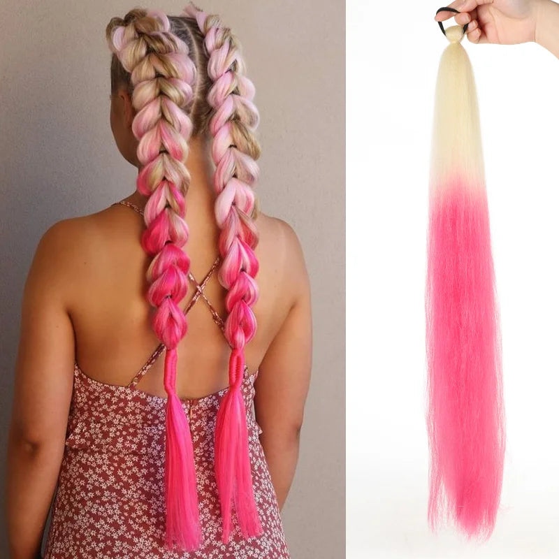 Synthetic LUPU ponytail extension with elastic band, 26 inches long, featuring natural black hair for easy attachment and styling.