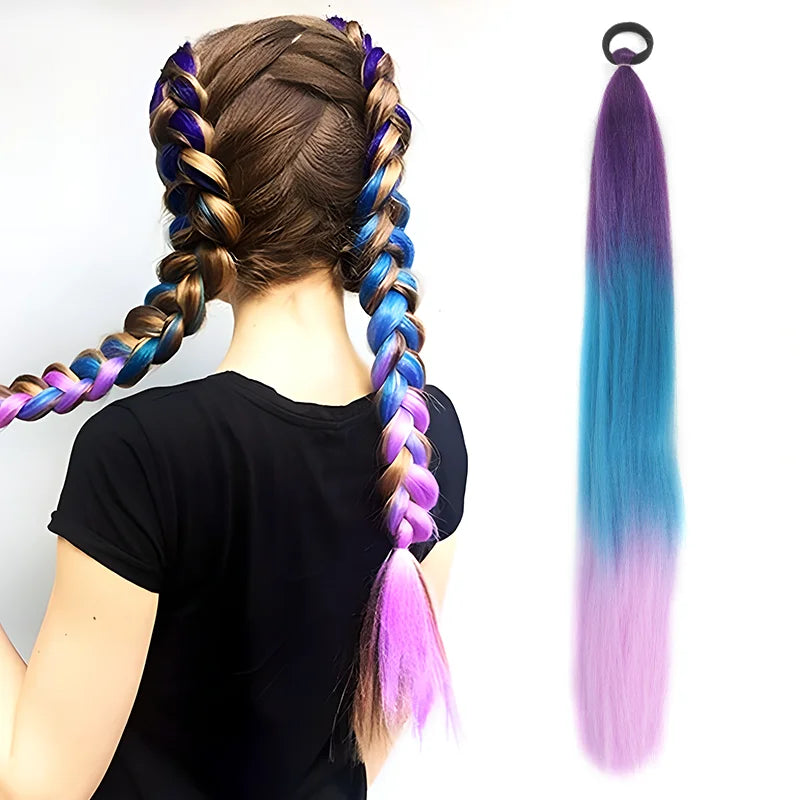 Synthetic LUPU ponytail extension with elastic band, 26 inches long, natural black color, designed for easy and secure hair styling.
