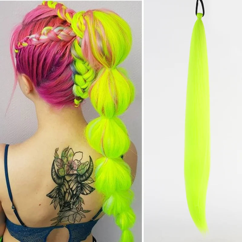 Synthetic LUPU ponytail extension with elastic band, 26 inches long, designed for easy attachment and natural look.