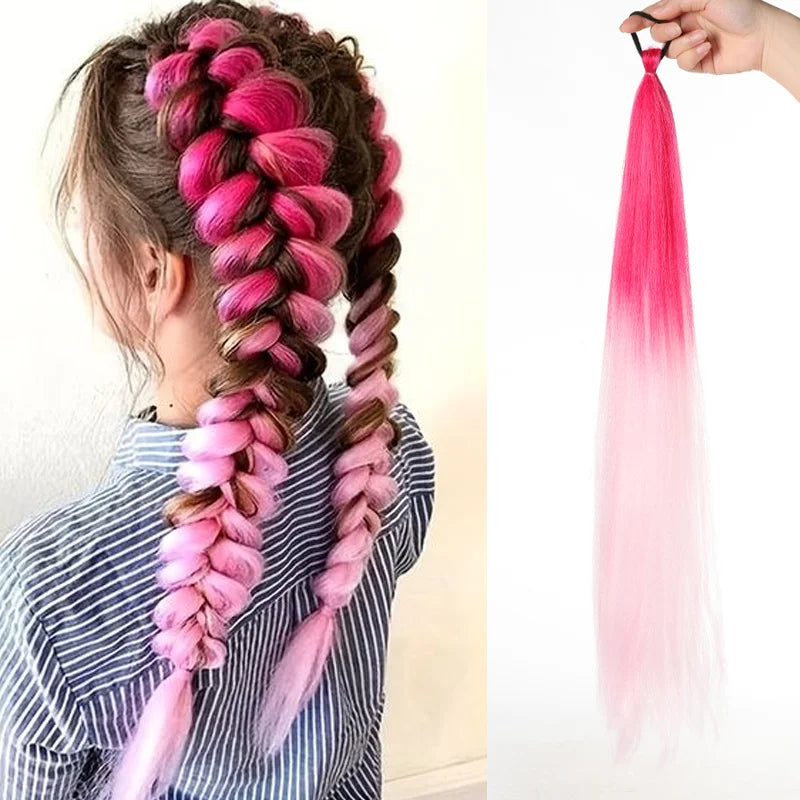 Synthetic LUPU ponytail extension with elastic band, 26 inches long, featuring natural black hair for easy hair lengthening.