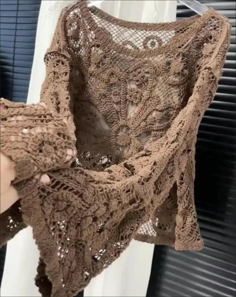 Lightweight crochet knit summer sweater for women by Corporación Turística, shown in a soft, airy fabric with a relaxed fit.