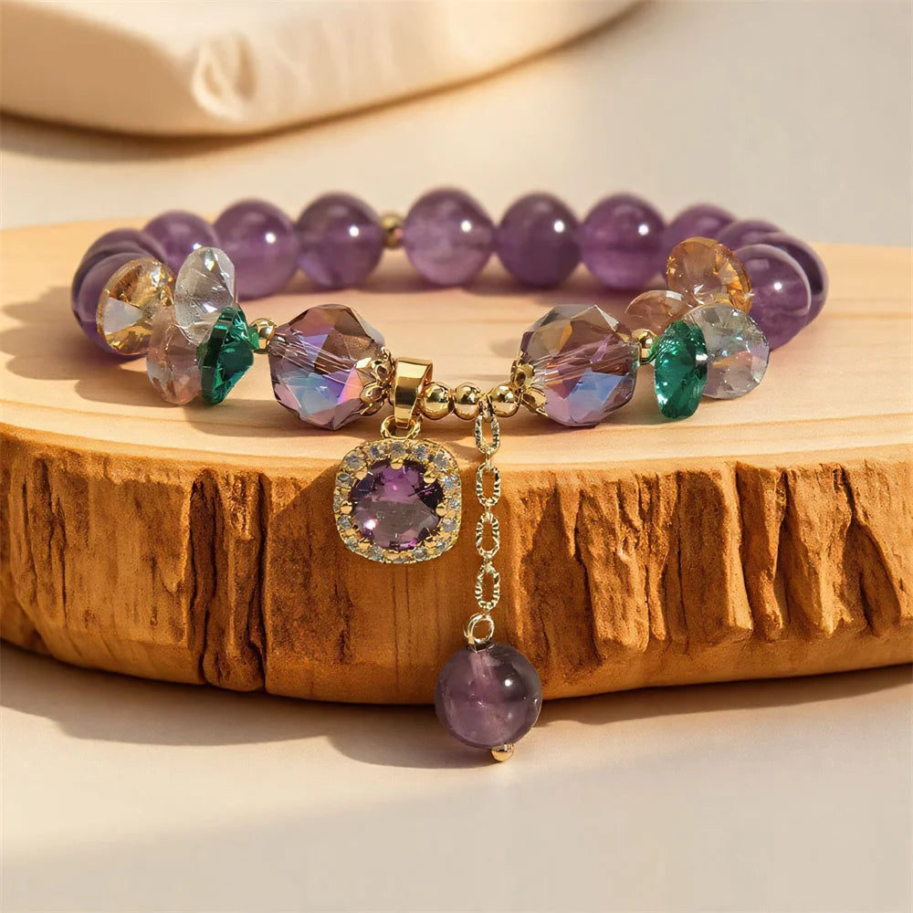 Purple natural crystal beaded bracelet with a stylish design, crafted by Corporación Turística, scene showing close-up of the bracelet.
