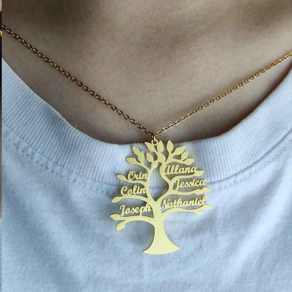 Silver personalized tree of life name necklace from Corporación Turística, featuring a detailed tree pendant on a 40cm chain.