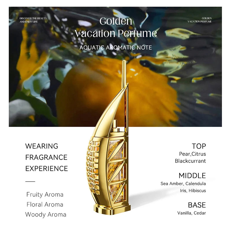 Unisex MORAKOT Golden Vacation perfume bottle by Corporación Turística, showcasing elegant gold design and sleek packaging.