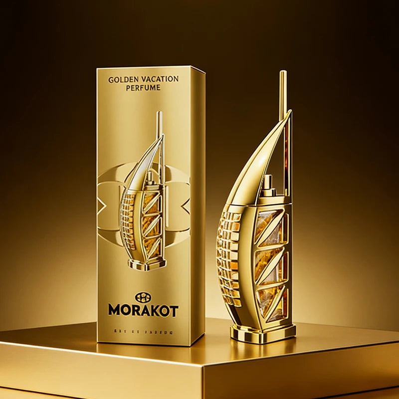 Unisex Morakot Golden Vacation perfume bottle by Corporación Turística, with a sleek gold design and elegant packaging.