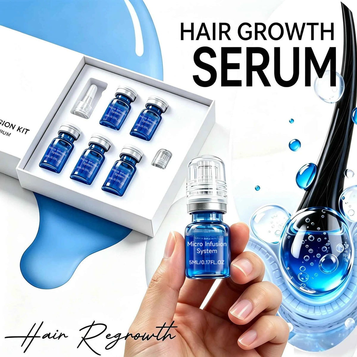 Microagujas para crecimiento del cabello en un kit de Corporación Turística con varias microagujas y solución para el cabello.