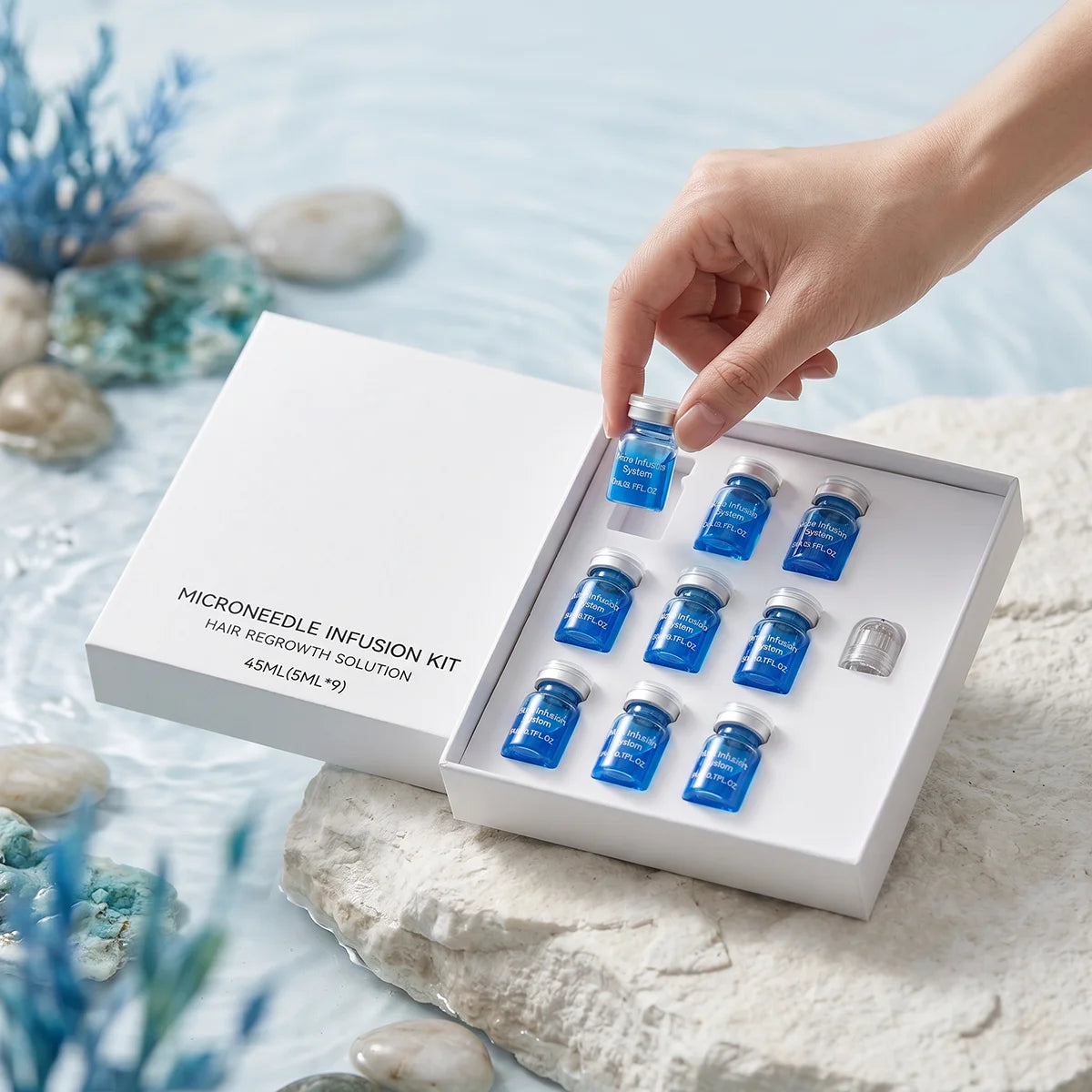 Microagujas para el crecimiento del cabello en un kit de Corporación Turística, con varias microagujas para tratamiento capilar.