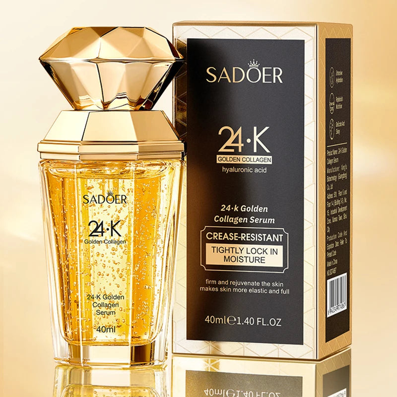 SADOER 24K gold collagen facial serum from Corporación Turística, featuring a sleek glass bottle with a dropper for skincare hydration