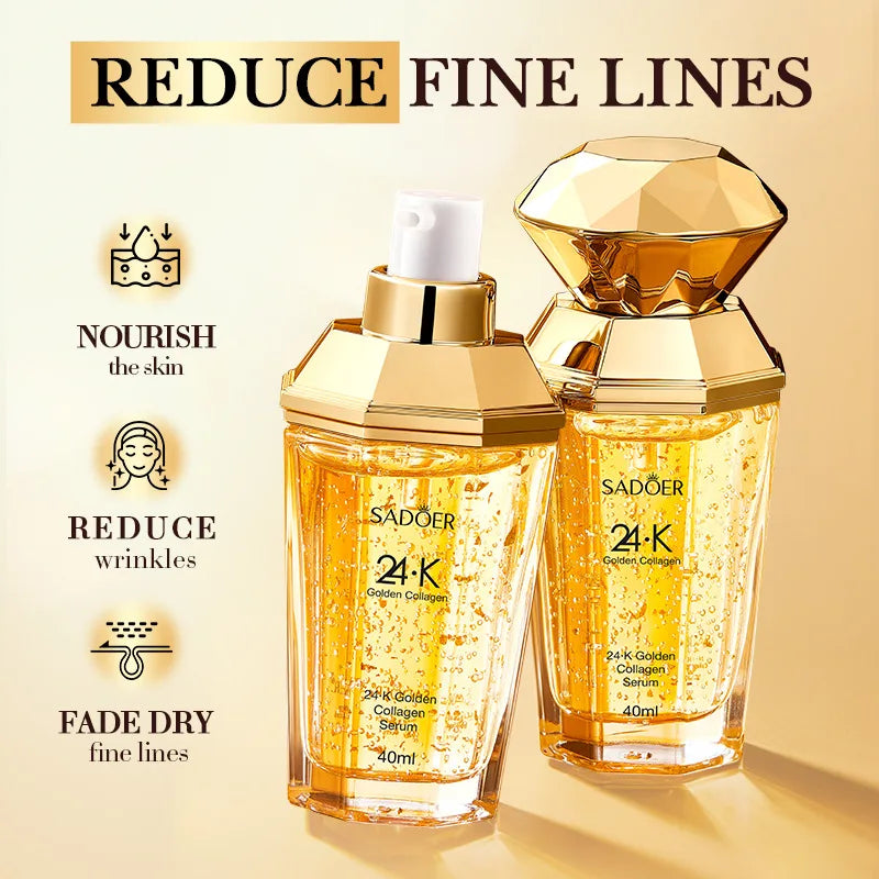 SADOER 24K collagen gold serum for the face, hydrating skincare product with a gold-infused formula in a sleek bottle.