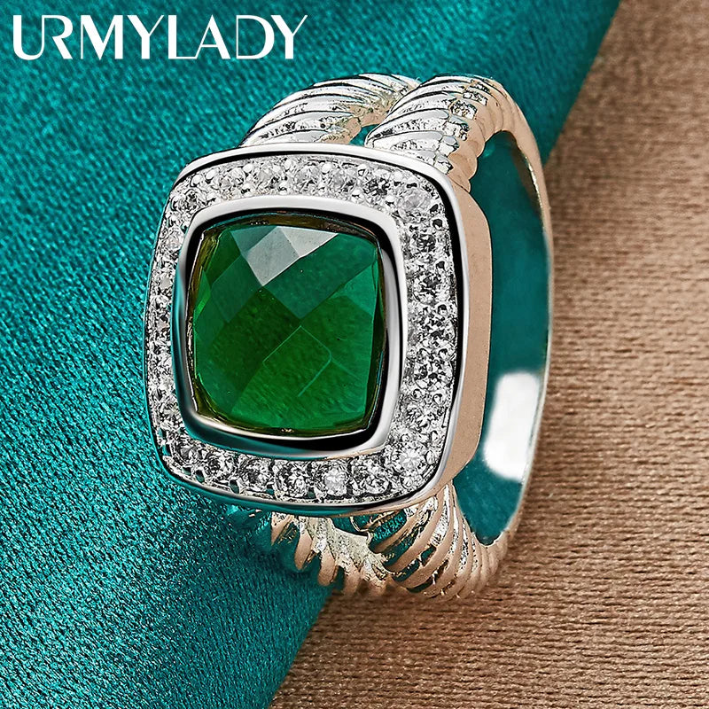 Sterling silver URMYLADY ring with a square green cubic zirconia, featuring a sleek design and polished finish.