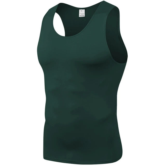 Blue sleeveless compression quick-dry shirt by Corporación Turística, designed for athletic and active wear.