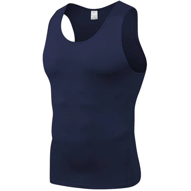 Blue sleeveless compression T-shirt from Corporación Turística, quick-drying fabric, fitted for Asian sizes, ideal for active wear.