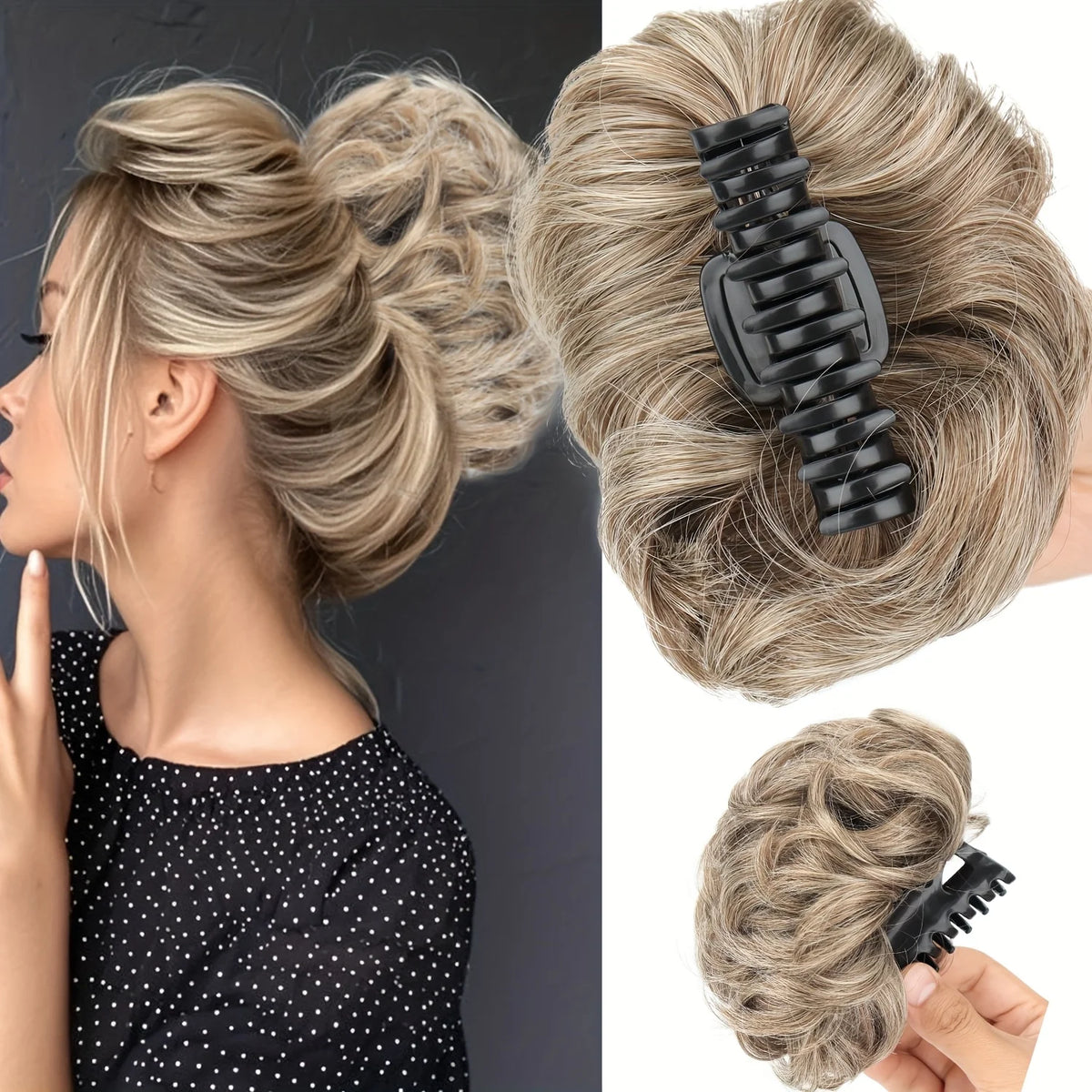 Disheveled hair bun clip from Corporación Turística, featuring a claw clip securing a messy hairstyle in natural brown color.