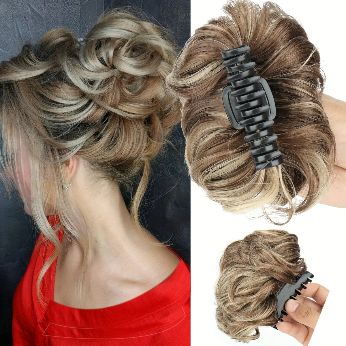 Disheveled bun hair claw clip by Corporación Turística, showing a messy hairstyle with a sturdy hair accessory.