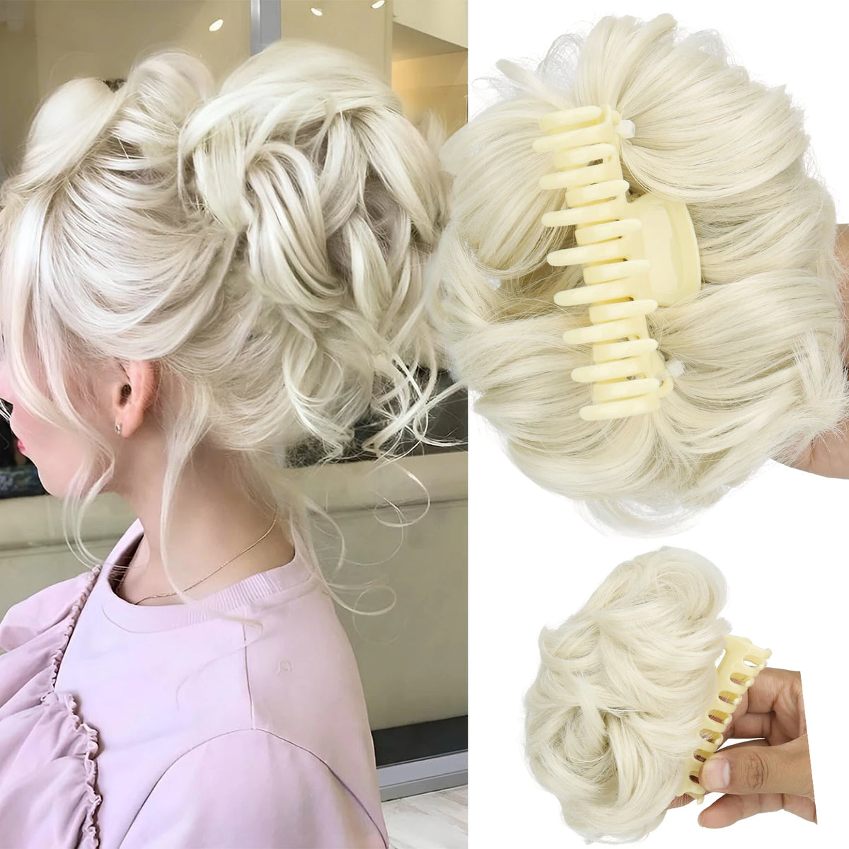 Disheveled hair bun clip by Corporación Turística, a hair accessory with claw grip for messy hairstyles, shown in close-up image.