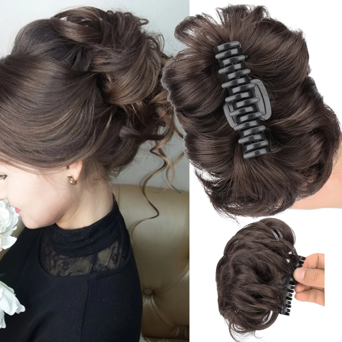 Disheveled bun hair claw clip by Corporación Turística, showcasing a messy hairstyle accessory with a metal clasp and plastic teeth.